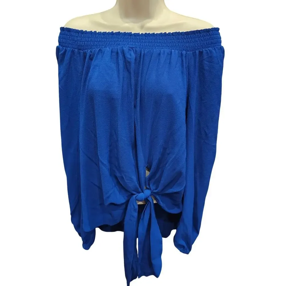 NWT Michael Kors royal blue tie front sz S elastic off the shoulder summer top